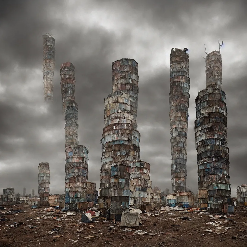 Prompt: circular towers, made up of makeshift squatter shacks with faded colours, apocalyptic sky, misty, dystopia, mamiya rb 6 7, fully frontal view, ultra sharp, very detailed, photographed by julie blackmon