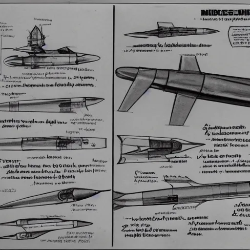 Prompt: sketches of missile, military, full page, technical, detailed