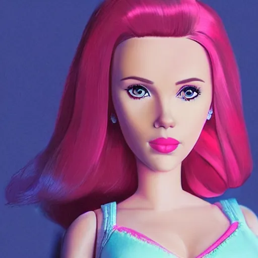 Prompt: “ scarlett johansson portrait, barbie, cartoon, pink clothes, cinematic lighting, pastel, pixar ”