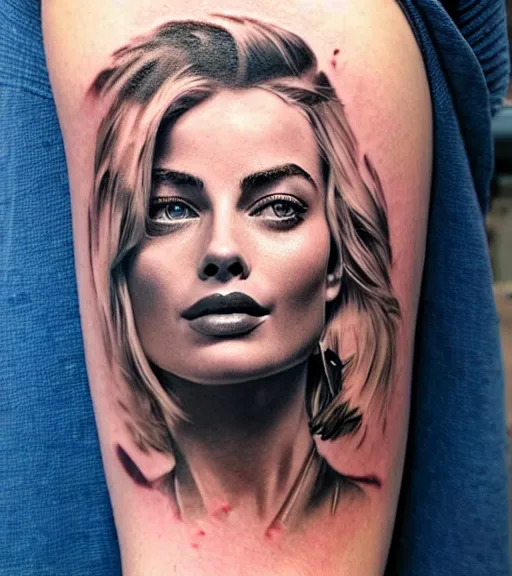 Prompt: mash up tattoo sketch of margot robbie with beautiful mountain scenery, double exposure effect, in the style of arlo dicristina, hyper realism, amazing detail, sharp