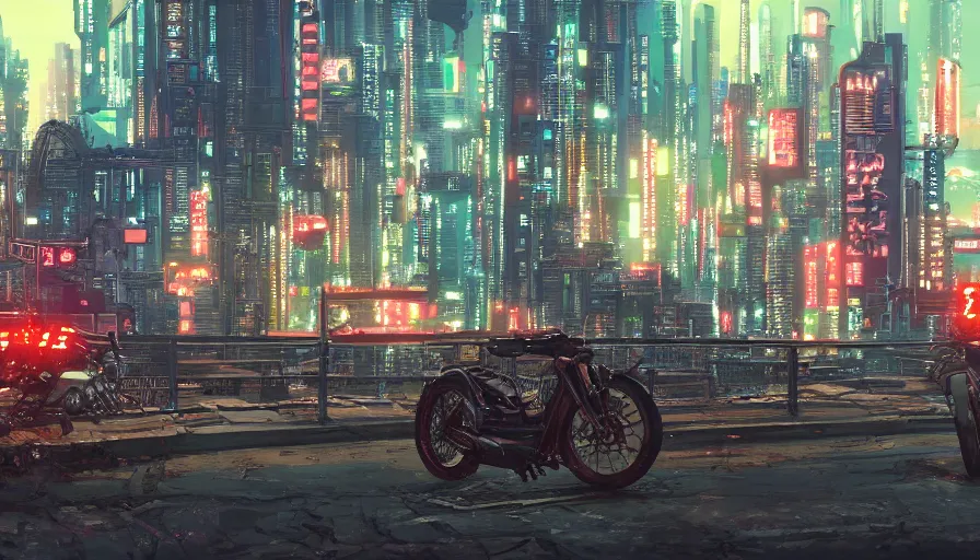 Prompt: A beautiful picture of an establishing shot of akira\'s bike on a cyberpunk neo tokyo cityscape by Sergey Vasnev and square pictures , trending on artstation