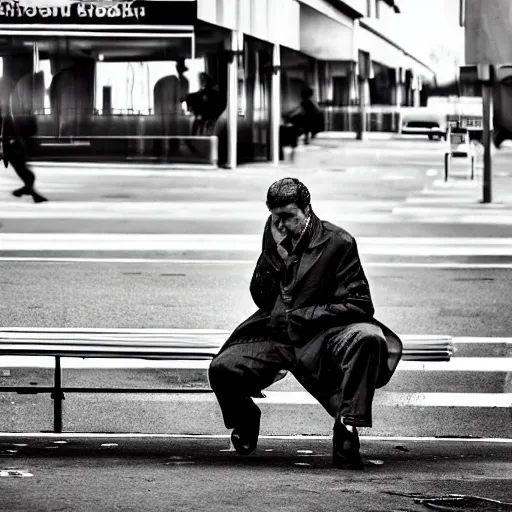 Image similar to the man waiting on bus station, he is angry because the driver didn't stop, he's tired after all day work, with many negative emotions inside his head, hyper detailed, realistic photography, 4k,