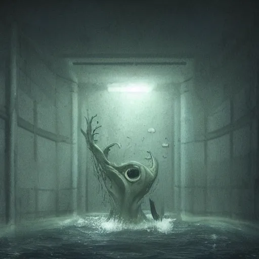 Prompt: trapped in a concrete room with a sea monster about to eat pov underwater, thalassophobia, creeping forward, dark yellowish water showing anger, pale skin, dark foggy water, dark, dramatic,'silent hill ', terrifying, horror, fear, big eyes, alluring, cinematic