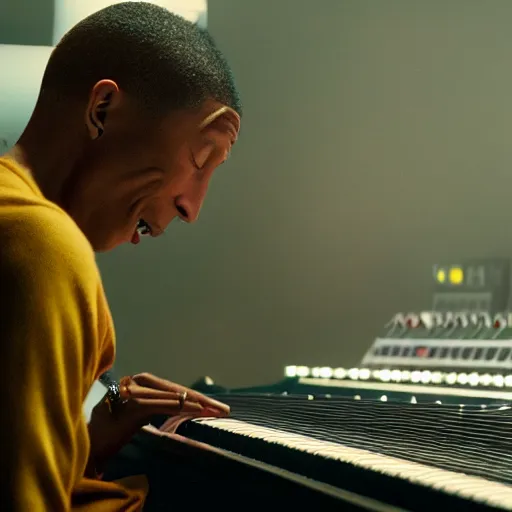 Image similar to cinematic film still of Pharrell Williams Making A Beat with an anthropomorphic alien, Japanese VFX, 2018, 400mm lens, f1.8, shallow depth of field,film photography