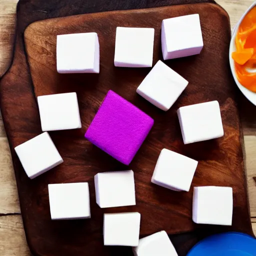 Prompt: photograph of a marshmallow cube on a wooden chopping board, styled food photography, colorful topping, photorealistic, 4 k