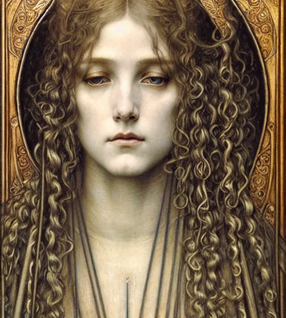 Image similar to detailed realistic beautiful young medieval queen face portrait by jean delville, gustave dore and marco mazzoni, art nouveau, symbolist, visionary, gothic, pre - raphaelite. horizontal symmetry