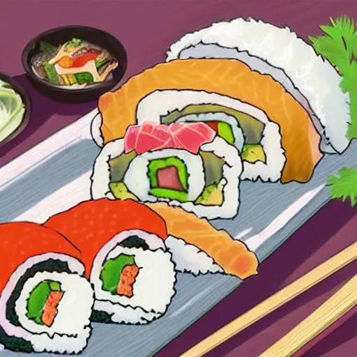 Image similar to illustration of philadelphia roll sushi, in traditional japan style, by makoto shinkai and takashi takeuchi