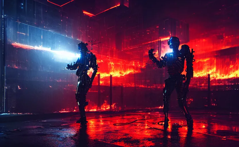 Image similar to ( high detailed terminator without flesh ), staying in front of burning data center room, heavy fire on the background, extreme long shot, high detail, cold neon light, cinematic colors, sharp