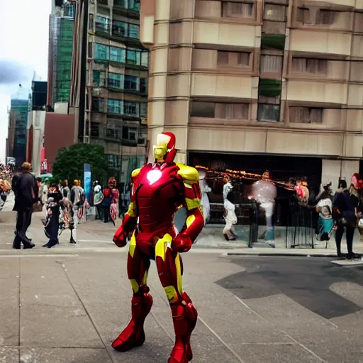 Prompt: <photograph accurate=true quality=very-high>looking out the window at a busy city street</photograph><photobomb>Ironman</photobomb>