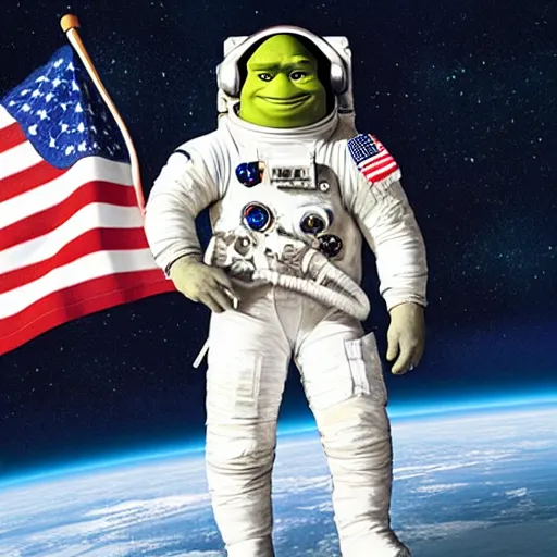 Image similar to astronaut photo of shrek in space suit holding helmet, American flag in background, photorealistic, portrait