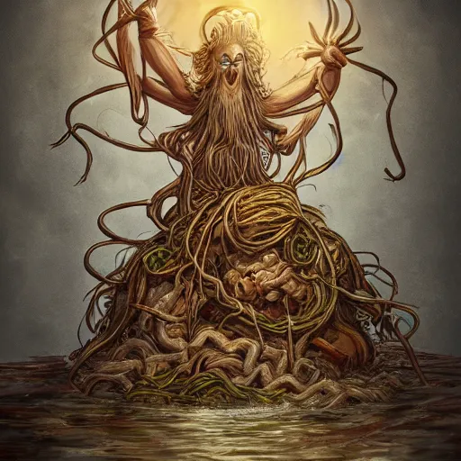 Image similar to flying spaghetti monster with the pope, artstation, fantasy