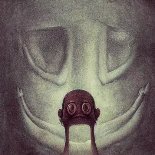 Prompt: A beautiful digital art of of a giant head. The head is bald and has a big nose. The eyes are wide open and have a crazy look. The mouth is open and has sharp teeth. The neck is long and thin. by Catherine Hyde melancholic