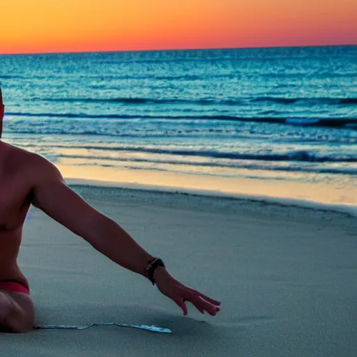 Prompt: Jerma985 on the beach with tight bikini, hot, 4k, cinematic, sunset