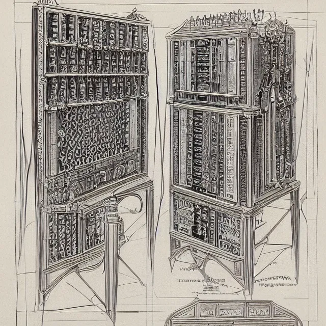 Image similar to beautiful, symmetric, art nouveau, detailed, intricate technical drawing from 1 8 4 0 with extensive written labels and covered in scribbled pencil notes, for a mechanical display attachment to babbage's difference engine, showing a screen playing tetris