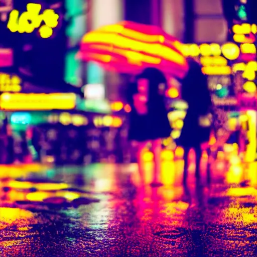 Image similar to moody 2 0 0 mm shot of an umbrella in a rainy tokyo night, neon lights,