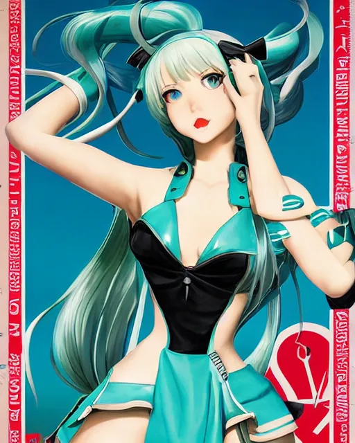 Prompt: Hatsune Miku full body pin up modeling in idol unioform, with a park in the back ground, post war style, detailed face, american postcard art style, by Gil Elvgren, Julie Bell, Anna Dittmann and Greg Hildebrandt