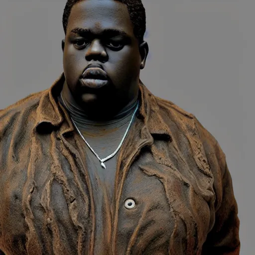 Image similar to medium - shot realistic clay notorious big, full body, walking, rough, handmade, fingerprints on clay, masterpiece, artistic, museum, highly detailed, hq, by adam beane