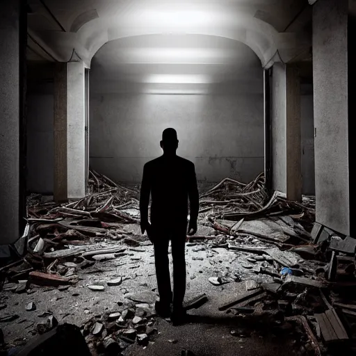 Prompt: A mysterious man standing in the middle of a stair hallway looking in the direction of the camera, the man is using a flashlight in a City in ruins with trees growing from the destroyed buildings :: apocalyptic, gloomy, desolate :: long shot, low angle, dramatic backlighting, symmetrical photography :: cinematic shot, highly detailed