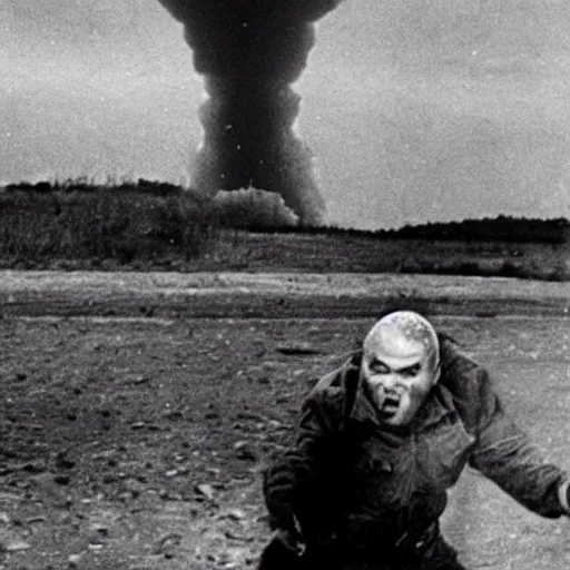 Image similar to a frightened funny ukrainian is trying to escape, badly injured from radiation from a huge nuclear explosion, a nuclear missile flies right at him