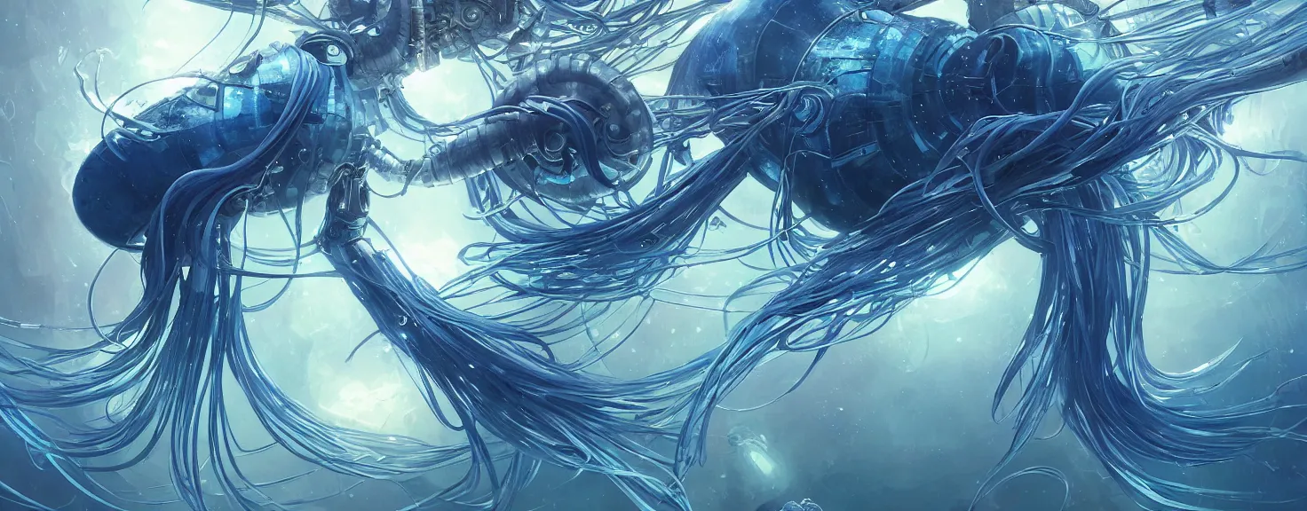 Image similar to Panorama hyper detailed painting of a cyberpunk jellyfish, blue tones, underwater, 8 mm, highly detailed, digital painting, artstation, concept art, smooth, sharp focus, illustration, art by artgerm and greg rutkowski and alphonse mucha