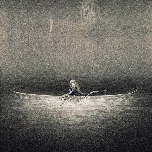 Image similar to “ charon, boatman of the river styx, ferrying deceased souls across the river and into the underworld, beksinski ”