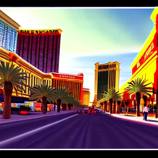 Prompt: las vegas in the future, city streets, golden hour, perspective artwork, photorealism