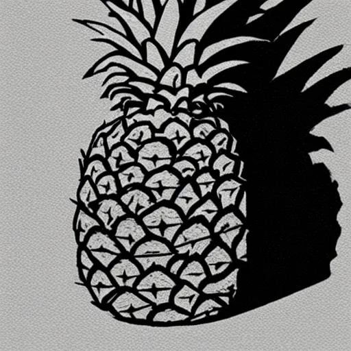 Prompt: a sketch of a pineapple sitting on a porch, sad, shadows,