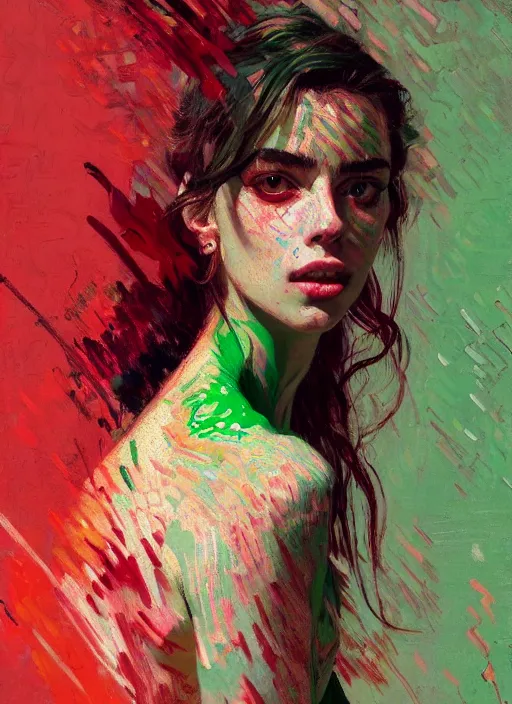 Image similar to close up portrait of yael shelbia, sensual, ecstatic, shades green and red, beautiful face, rule of thirds, intricate outfit, spotlight, by greg rutkowski, by jeremy mann, by francoise nielly, by van gogh, digital painting