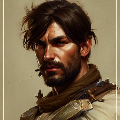 Prompt: portrait of rugged male ranger d & d muscular fantasy intricate elegant headshot portrait detailed face coherent face highly detailed digital painting artstation concept art smooth sharp focus illustration art by artgerm and greg rutkowski and alphonse mucha