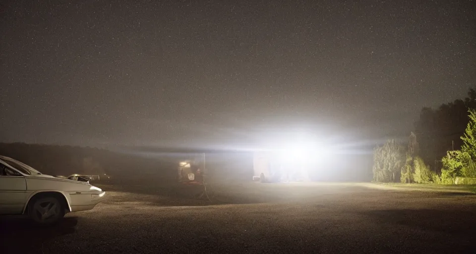 Prompt: a photograph of a UFO shining it’s light down on a car at night by Gregory Crewdson