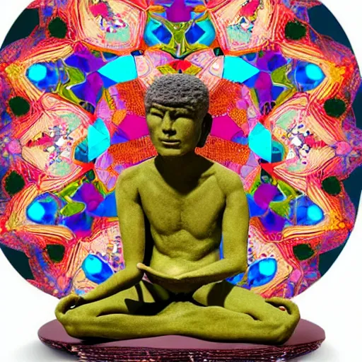 Image similar to A beautiful sculpture of a man with a large head, sitting in what appears to be a meditative pose. His eyes are closed and he has a serene look on his face. His body is made up of colorful geometric shapes and patterns that twist and turn in different directions. It's almost as if he's sitting in the middle of a kaleidoscope! close-up by Norman Ackroyd forbidding