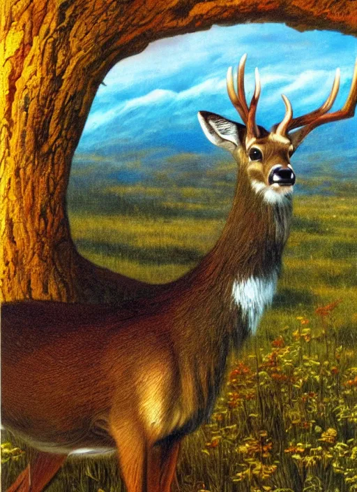 Prompt: happy deer smiling. cassette era technology, vintage shapes, retro technology, happy color, bruce pennington, larry elmore, oil on canvas, deep depth field, masterpiece, cinematic composition, hyperdetailed