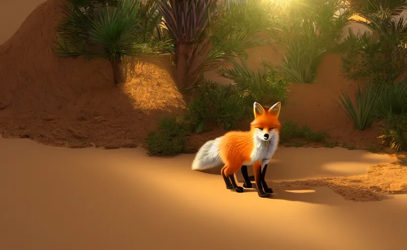 Prompt: a fox in a dessert oasis. daylight. sunlight. lens flare. light fixtures. aetherpunk. 8K. detailed. photorealism. artstation. 35mm. ultra realistic