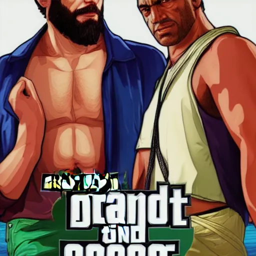 Prompt: Jesus and Mohammed in GTA V, Cover art by Stephen Bliss, Boxart, loading screen