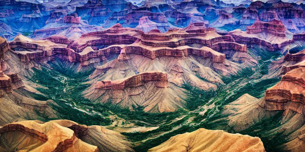 Image similar to drone shot photo of a landscape with mountains and grand canyons, wallpaper, very very wide shot, warm, national geographic, award landscape photography, professional landscape photography, sunny, day time, beautiful
