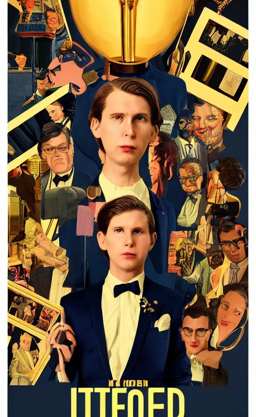 Image similar to film poster. a young man in a suit. the halls and foyer of a grand old art deco hotel. the hotel's eclectic guests. film poster. wes anderson. golden light. collage. photorealistic. trending on artstation. textless.