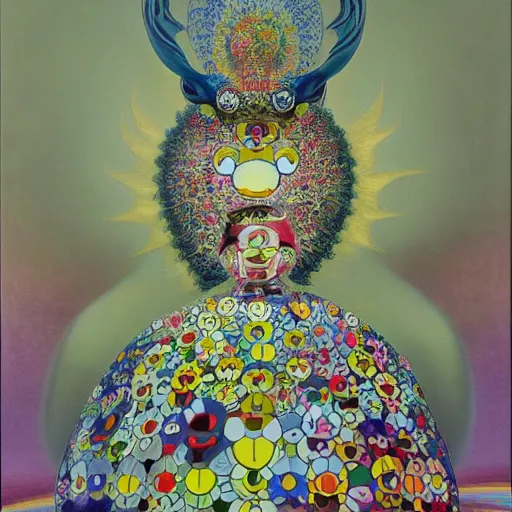Image similar to the queen's true form by takashi murakami and zdzisław beksiński, full body, oil on canvas, intricately detailed artwork, full 8k high quality resolution, recently just found unknown masterpiece