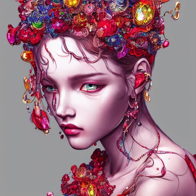 Prompt: an absurdly beautiful, elegant, young hypercolorful sensual gravure idol partially made up of rubies and red gems, ultrafine hyperrealistic detailed face illustration by kim jung gi, irakli nadar, intricate linework, sharp focus, bright colors, matte, octopath traveler, final fantasy, unreal engine highly rendered, global illumination, radiant light, intricate environment