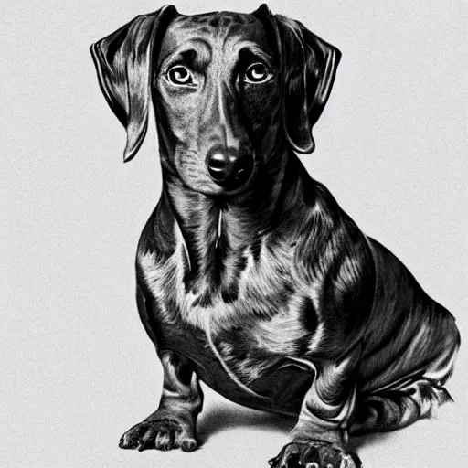 Prompt: portrait of a brindle dachshund, salt and pepper hair, soft hair, d & d, muscular, fantasy, intricate, elegant, highly detailed, smooth, sharp focus, illustration, art by frank frazetta and alphonse mucha
