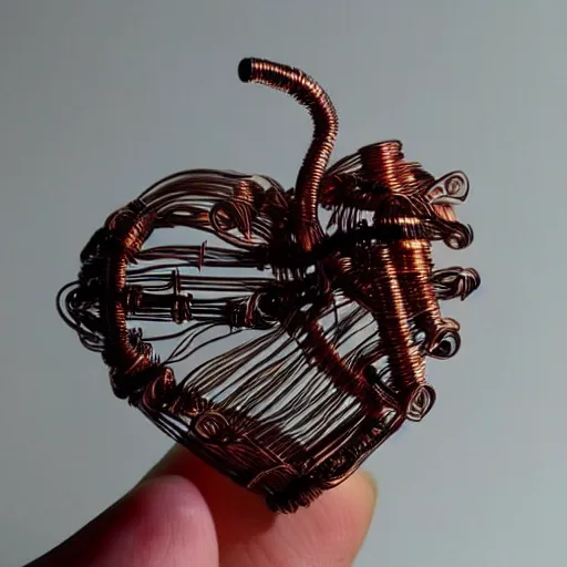 Image similar to a very beautiful tiny ( human heart )!!!!!!!!!!!!!!!!!!!!!!!!! organic sculpture made of copper wire and threaded pipes, very intricate, curved. studio lighting, high resolution, high quality, black background