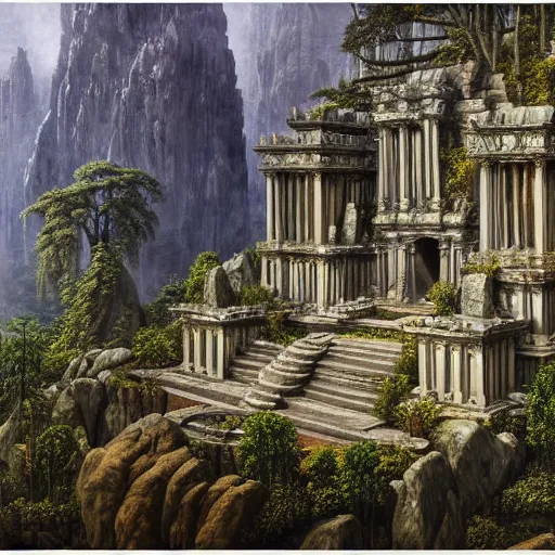 Image similar to a beautiful and highly detailed matte painting of an stone temple in a fantasy garden in a dark forest deep in the dream valley, intricate details, epic scale, insanely complex, 8 k, sharp focus, hyperrealism, very realistic, by caspar friedrich, greg rutowski, james gurney