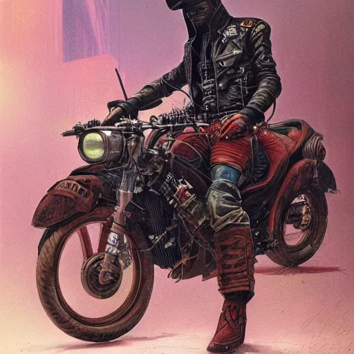 Image similar to a cyberpunk cowboy fully decked out in his cowboy hat, holsters, boots and spurs, sitting on a high tech motorbike, artwork by wayne barlowe