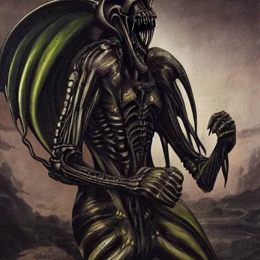 Prompt: gothic painting of a xenomorph, epic detail, stunning, grand, sharp focus,