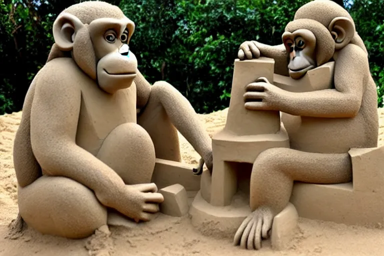 Image similar to a monkey touching a completed sand castle