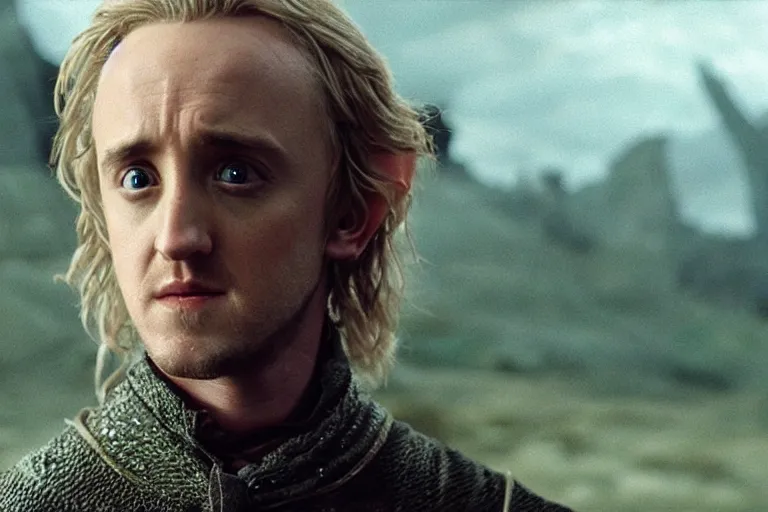 Image similar to tom felton plays an elf in the lord of the rings return of the king, highly detailed, cinematic lighting, 4 k, arricam studio 3 5 mm film camera, kodak 5 2 7 9 ( tungsten - balanced ) film stock