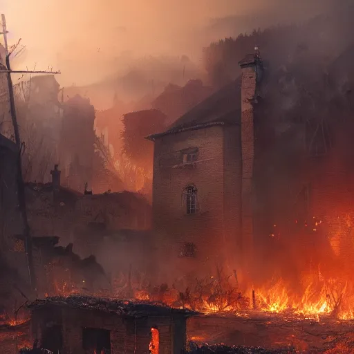 Prompt: a devastated village with fire extremly high detail, photo realistic, cinematic lighting, post processed, concept art, artstation, matte painting,