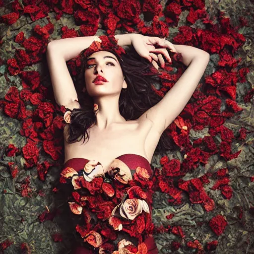 Image similar to full body fine art photo of the beauty gal gadot, she is covered with dried roses, taken by oleg oprisco