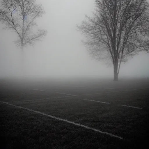 Prompt: the most horrific photo of a foggy empty field, 3 5 mm, film grain, horror