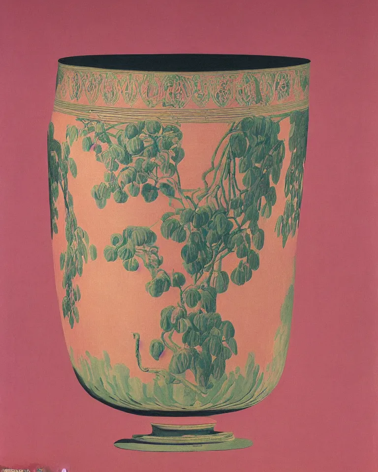 Image similar to achingly beautiful print of intricately painted ancient greek krater on a pink background by rene magritte, monet, and turner.