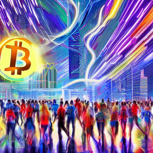 Prompt: landscape of people running away scared from crypto logos standing in the city, digital drawing, beautiful lightning, sharp colors, hyper - detailed, hdr, 8 k